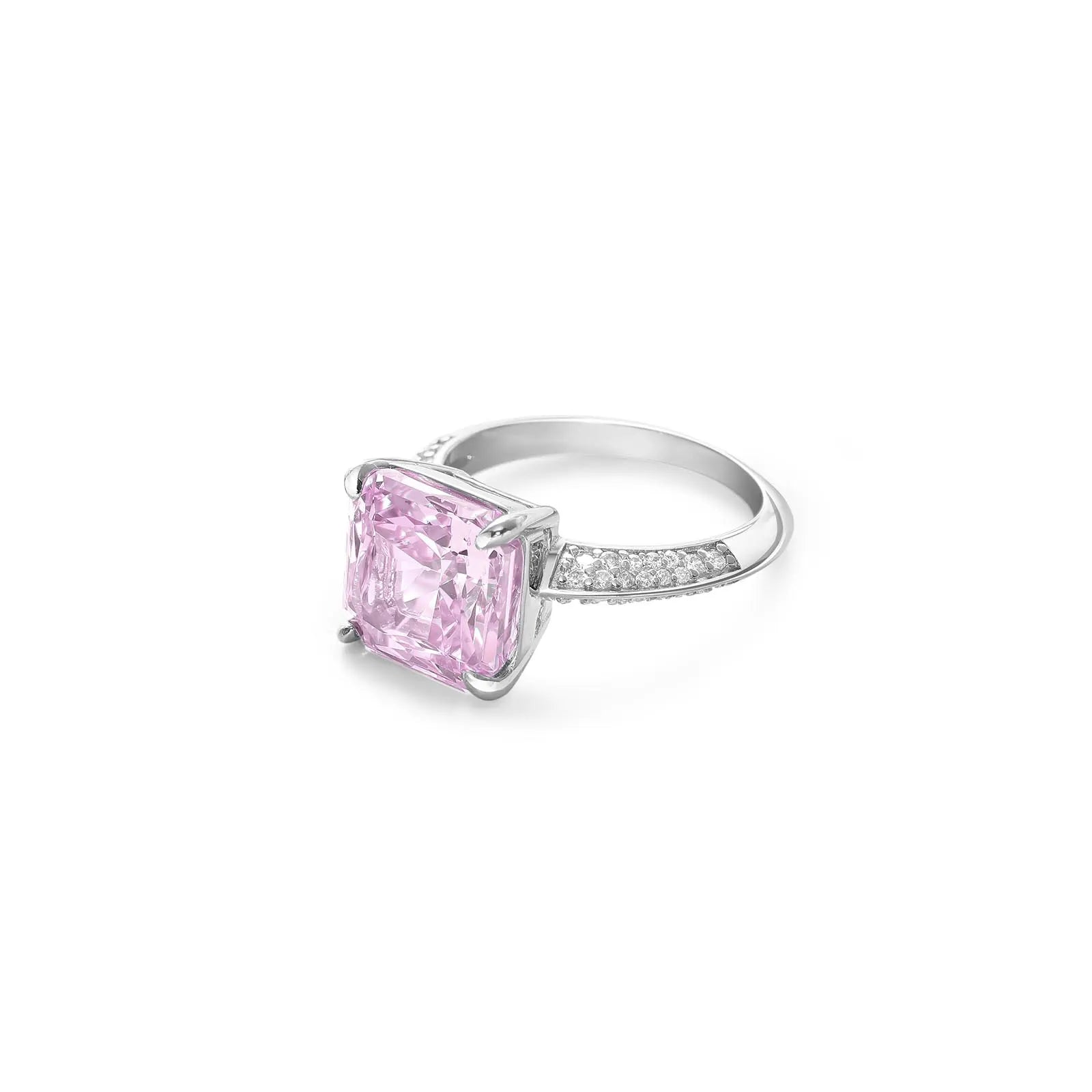 Pink Radiant Pave Ring For Women – 925 Sterling Silver Rhodium Plated