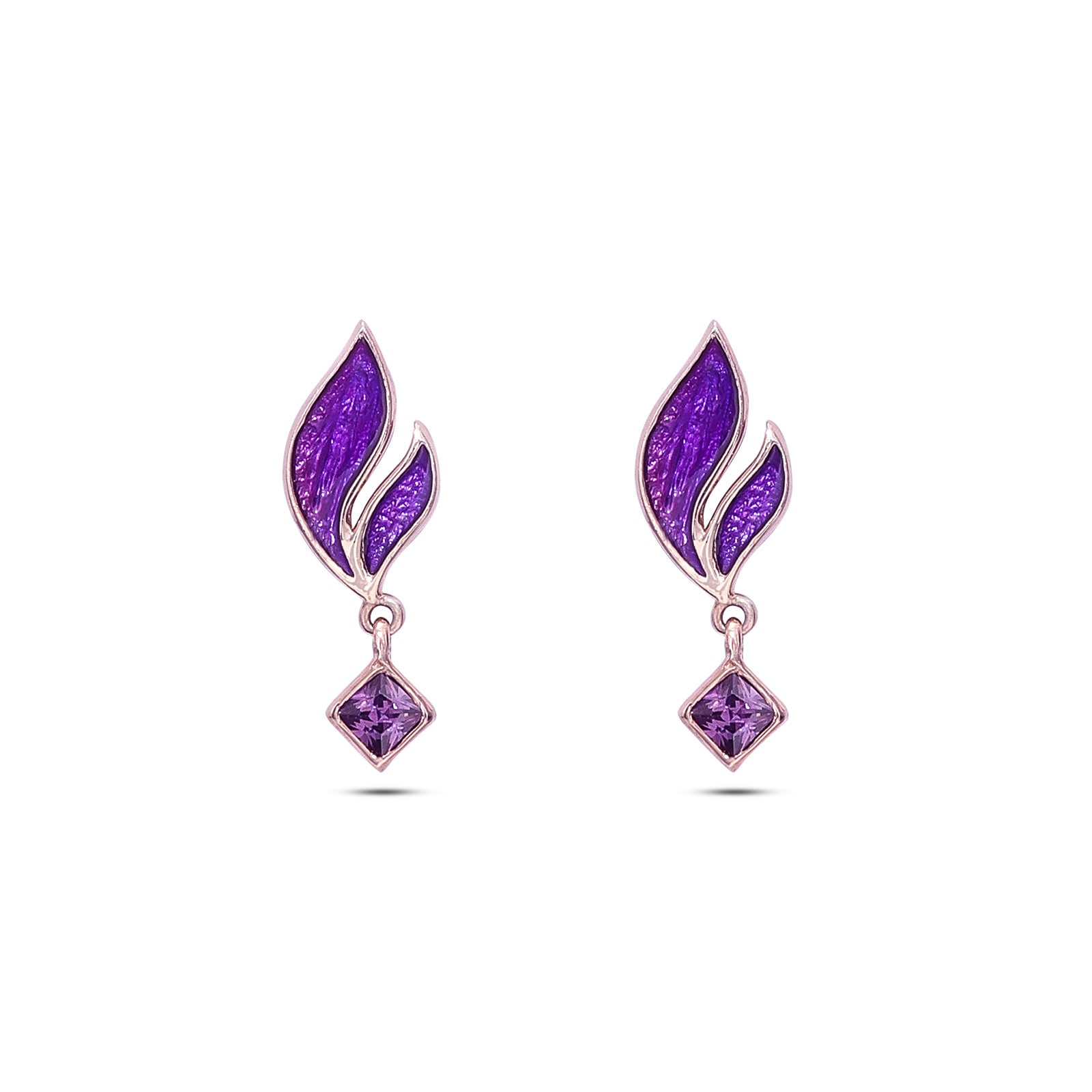 Pure 925 rose gold Earrings -  Radiant violet Leaf Danglers - Tweov Jewels