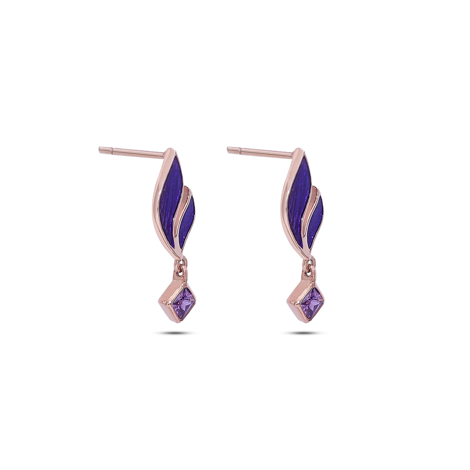 Pure 925 rose gold Earrings -  Radiant violet Leaf Danglers - Tweov Jewels