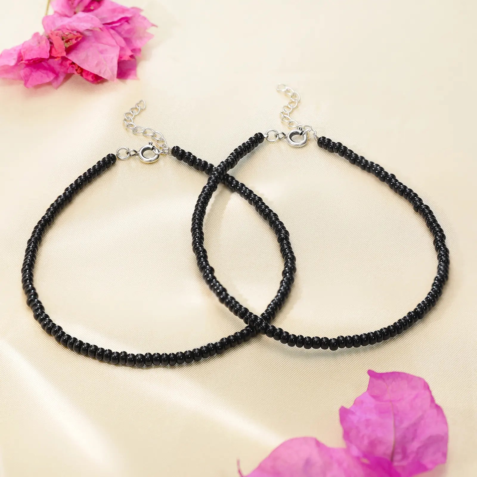 Silver Plain Black Bead Anklet - Tweov Jewels