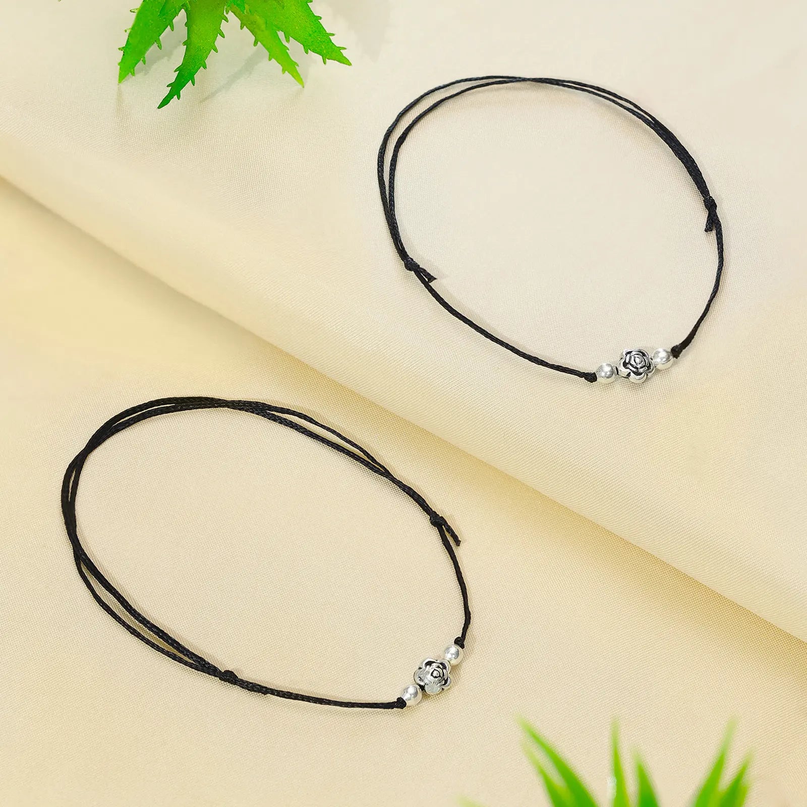 Silver Floral Black Thread Anklet - Tweov Jewels