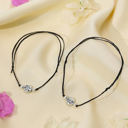 Silver Floral Motif Black Thread Anklet - Tweov Jewels