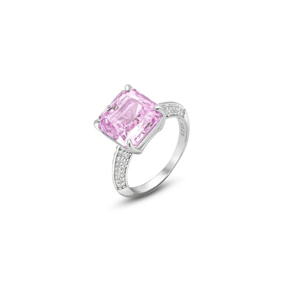 Pink Radiant Pave Ring For Women – 925 Sterling Silver Rhodium Plated