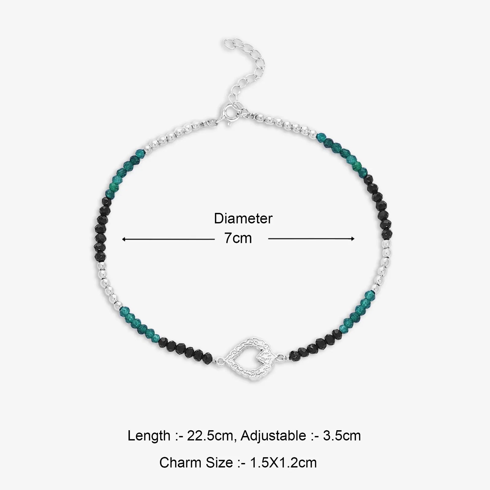 Black-Green Crystal Beaded Silver Heart Anklet - Tweov Jewels