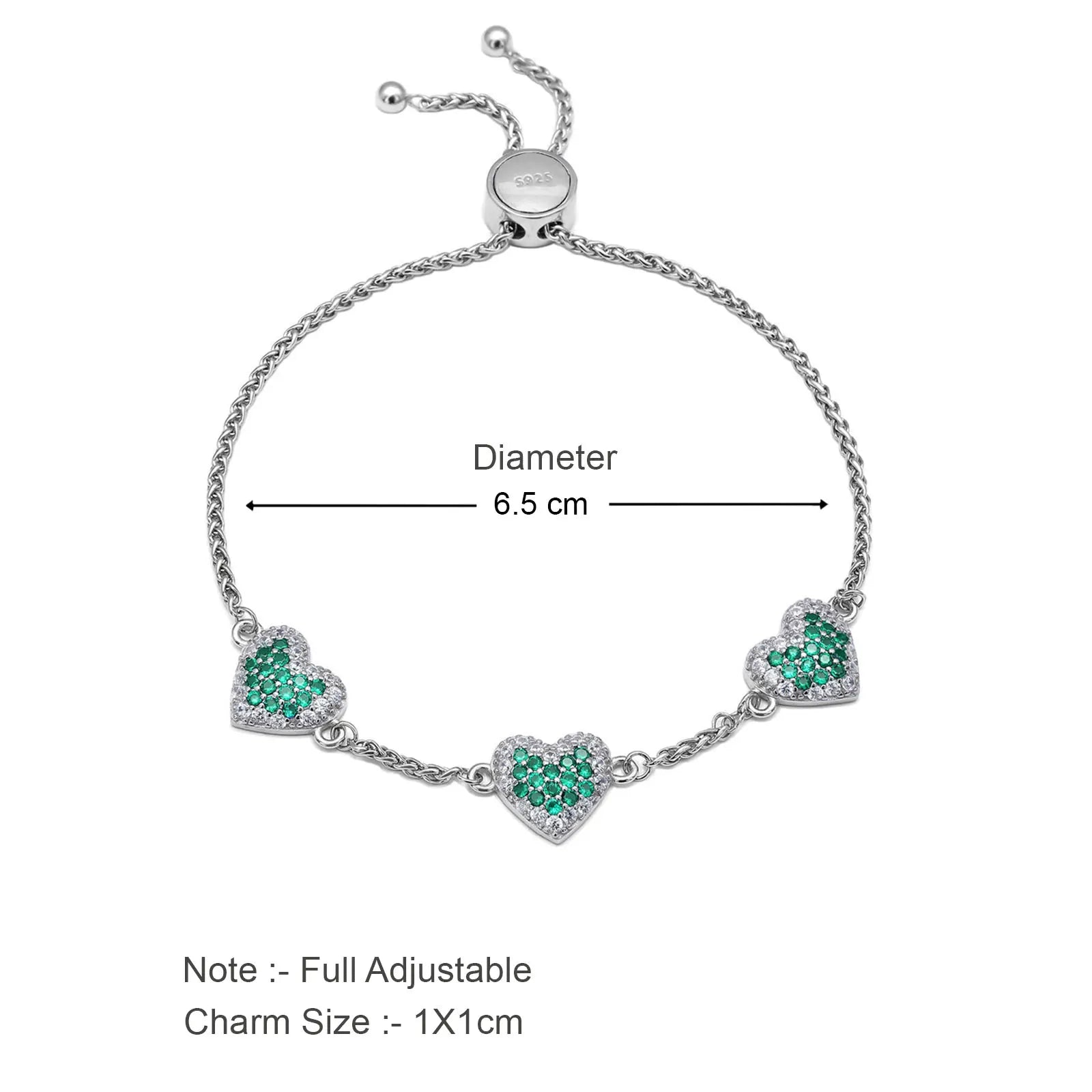 Emerald Triple Heart Bracelet For Women – 925 Sterling Silver Rhodium Plated