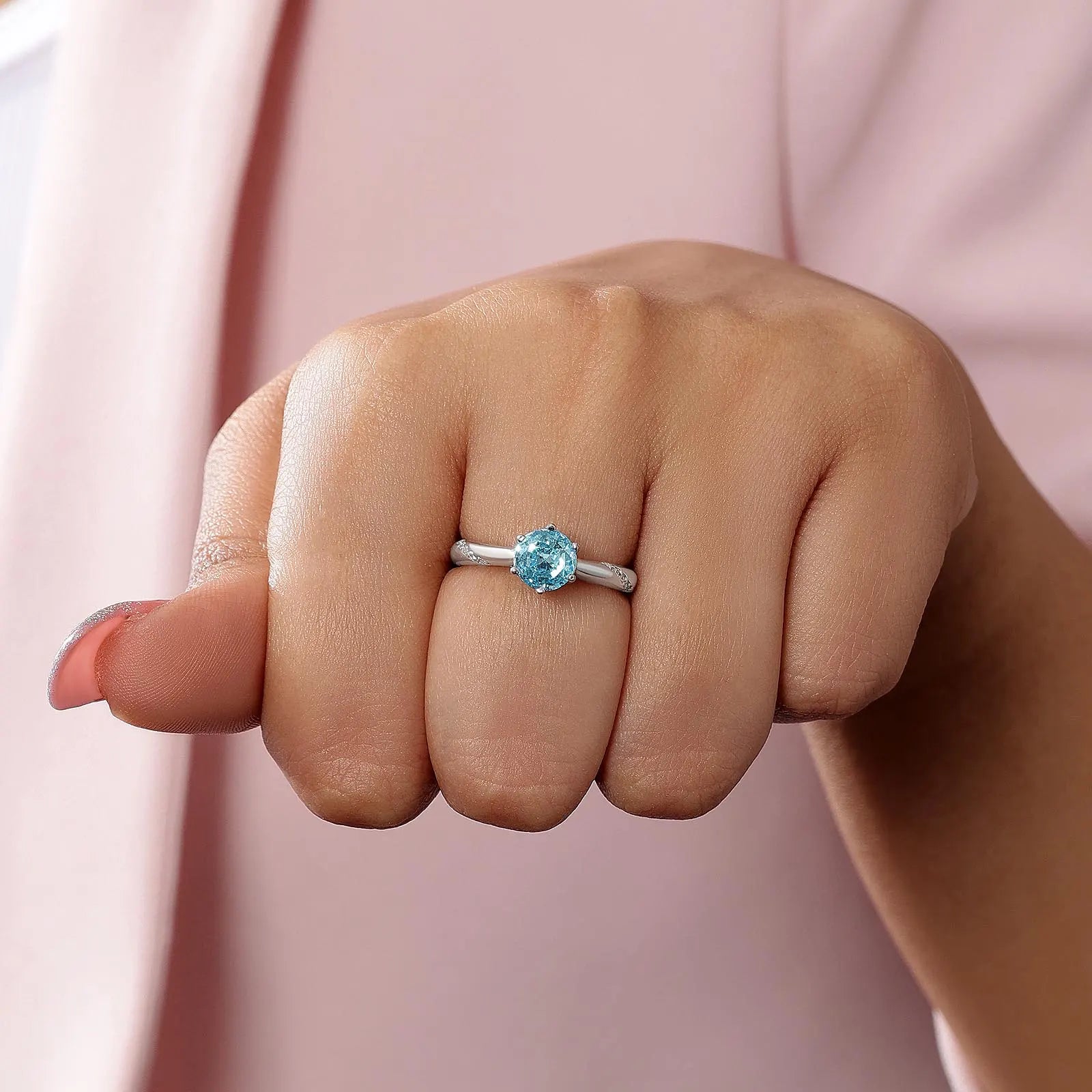 Blue Round Cut Solitaire Diamond Silver Ring - Tweov Jewels