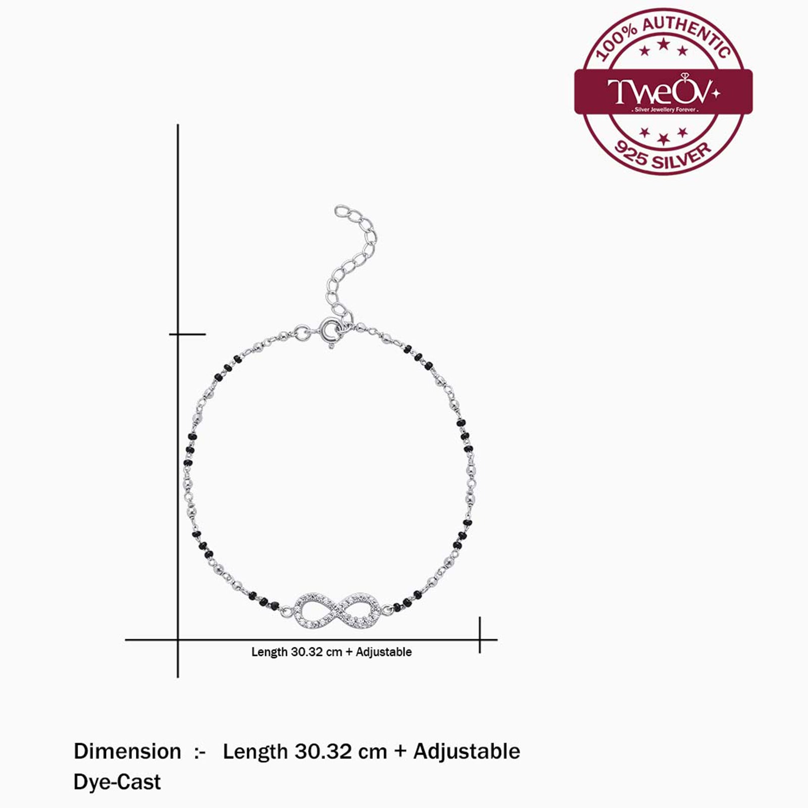 Cz Infinity Black Bead Silver Anklet