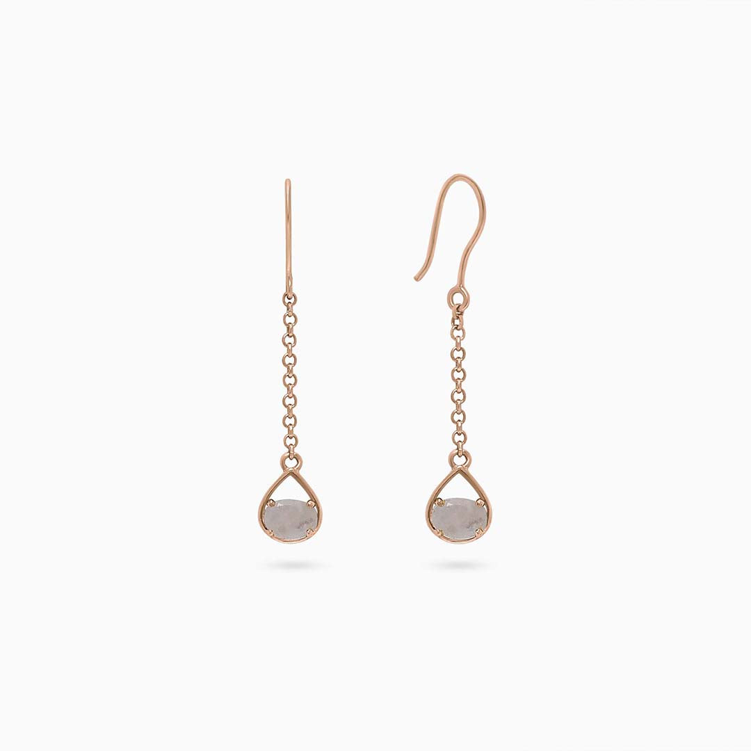 Pure Silver Earrings - Rose Gold Sleek Chain With Moonstone - Tweov Jewels
