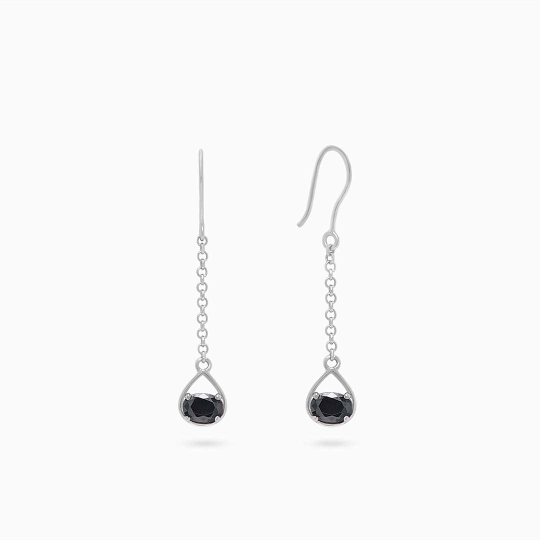 Pure Silver Earrings - Twinkling Chain Model With Onyx Stone - Tweov Jewels