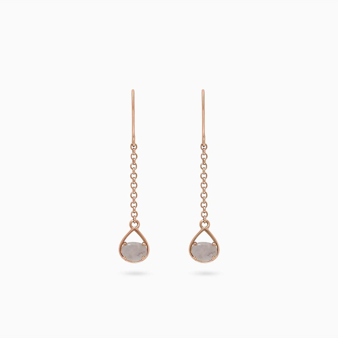 Pure Silver Earrings - Rose Gold Sleek Chain With Moonstone - Tweov Jewels