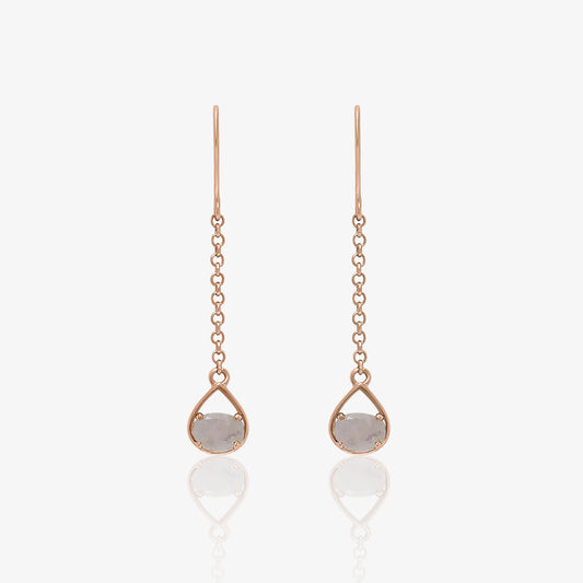 Pure Silver Earrings - Rose Gold Sleek Chain With Moonstone