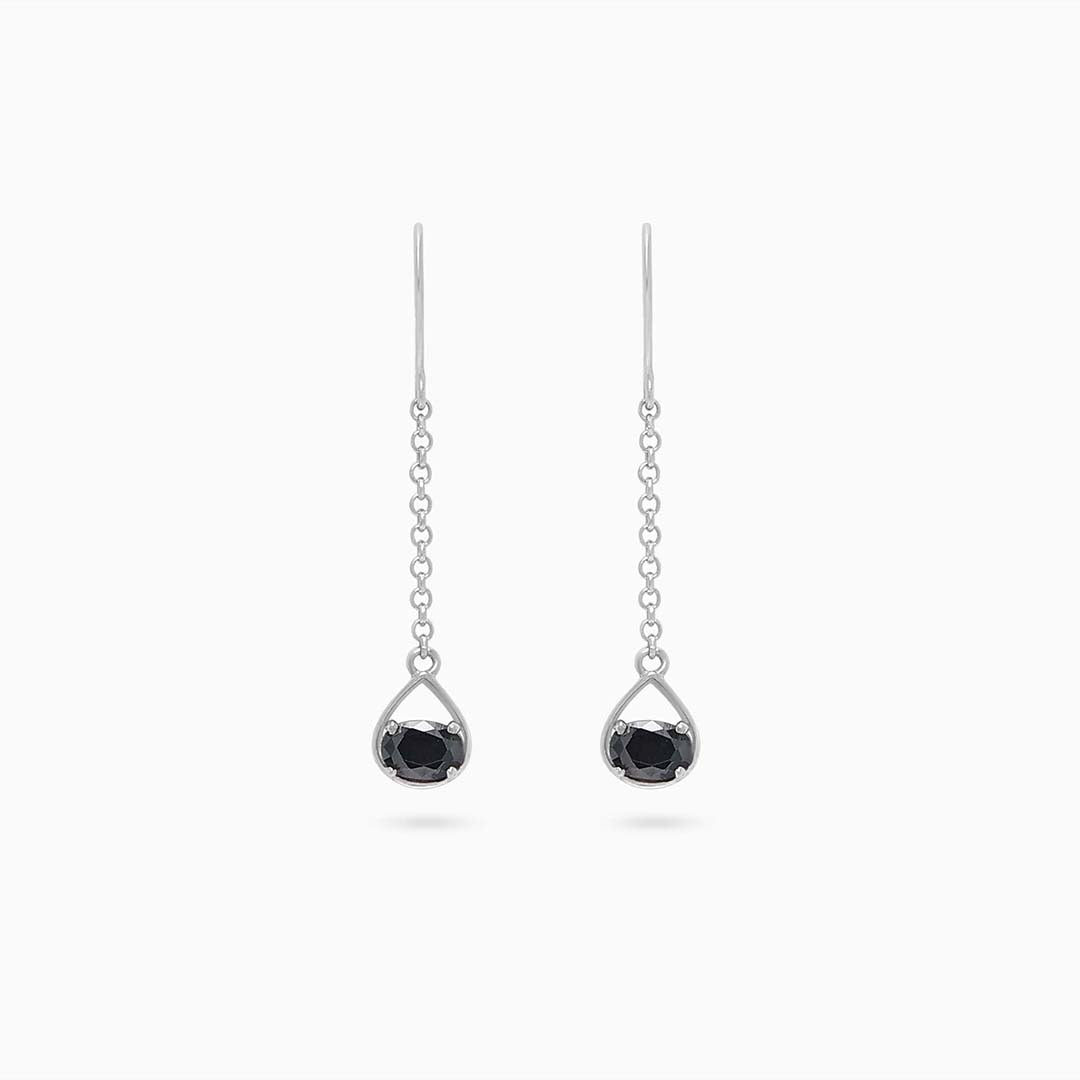 Pure Silver Earrings - Twinkling Chain Model With Onyx Stone - Tweov Jewels