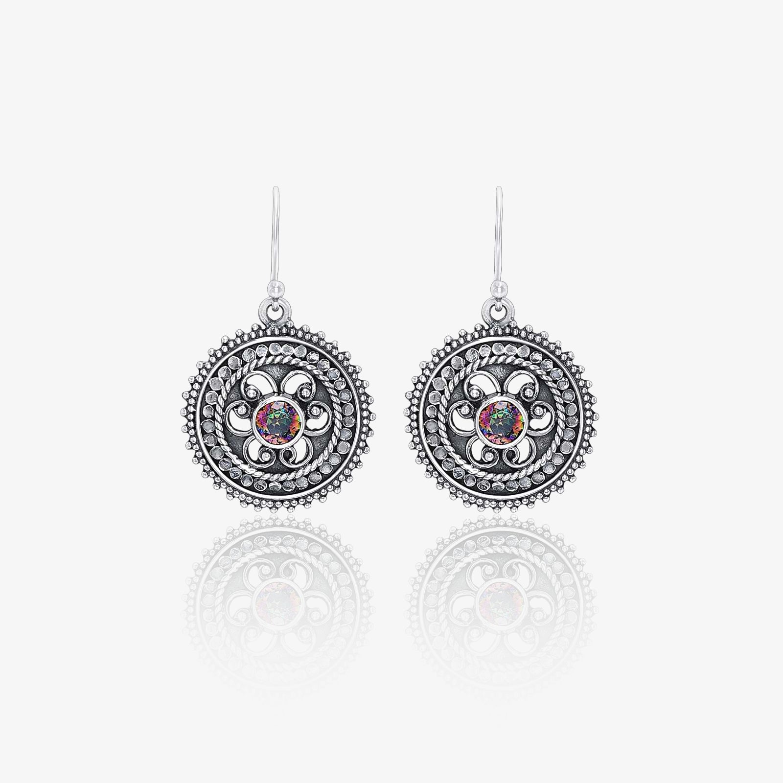 Oxidized Silver Round Floral Dangle Earrings