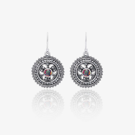 Oxidized Silver Round Floral Dangle Earrings