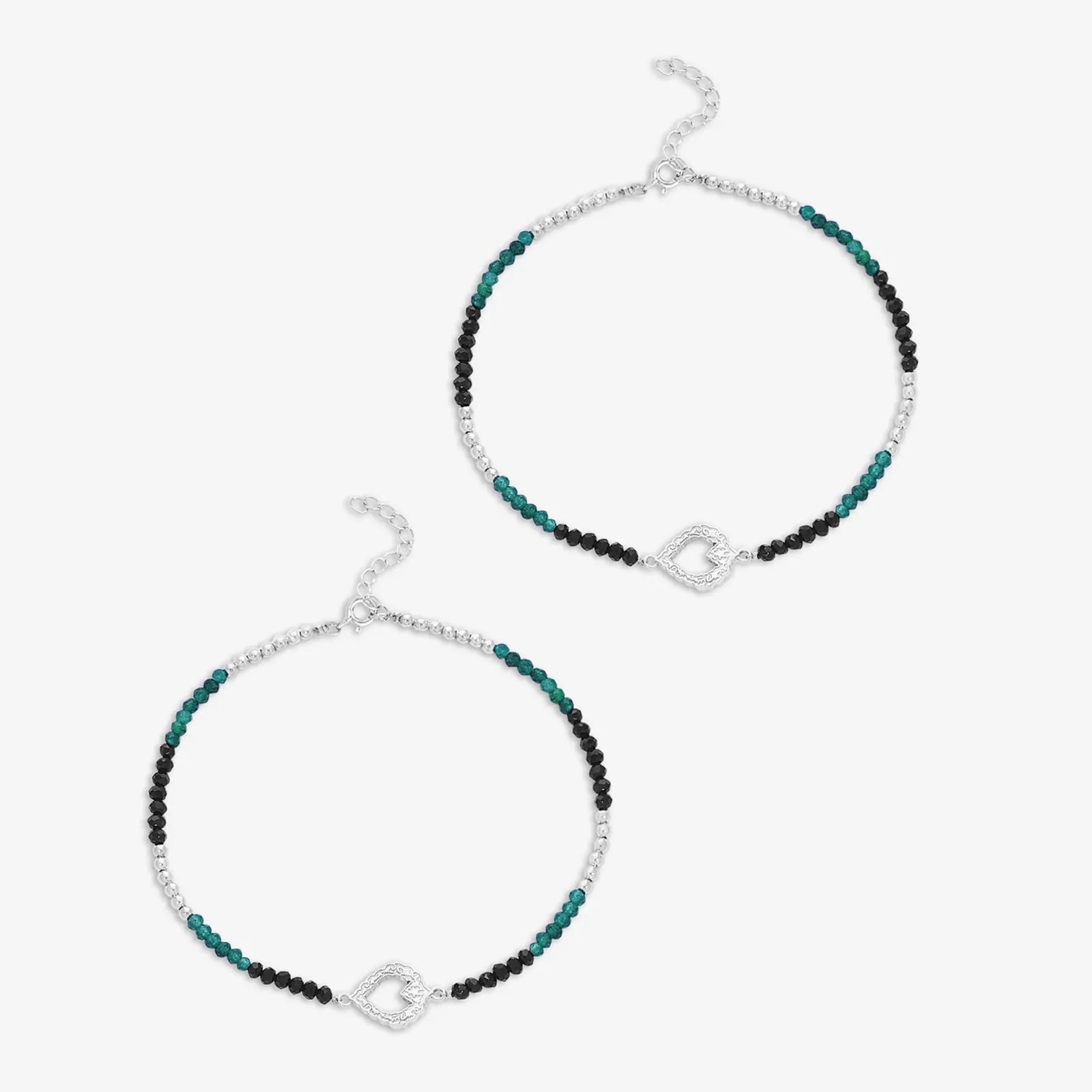 Black-Green Crystal Beaded Silver Heart Anklet - Tweov Jewels