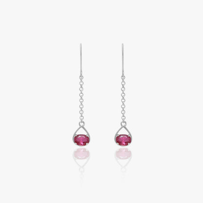 Pink Stone Long Chain Silver Drop Earrings