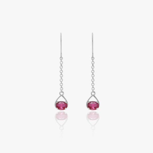 Pink Stone Long Chain Silver Drop Earrings
