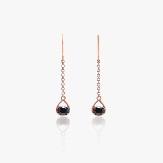 Rose Gold Plated Silver Black Stone Studded Long Drop Earrings