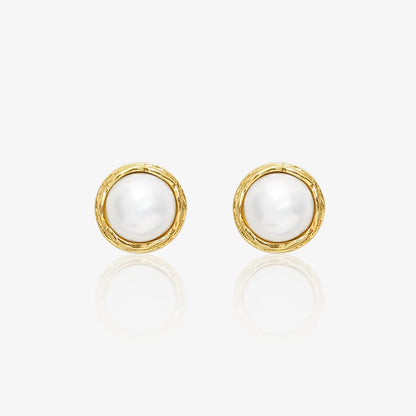 Gold Plated Silver Round White Pearl Stud Earrings - Tweov Jewels