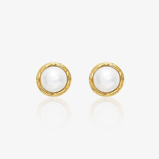 Gold Plated Silver Round White Pearl Stud Earrings