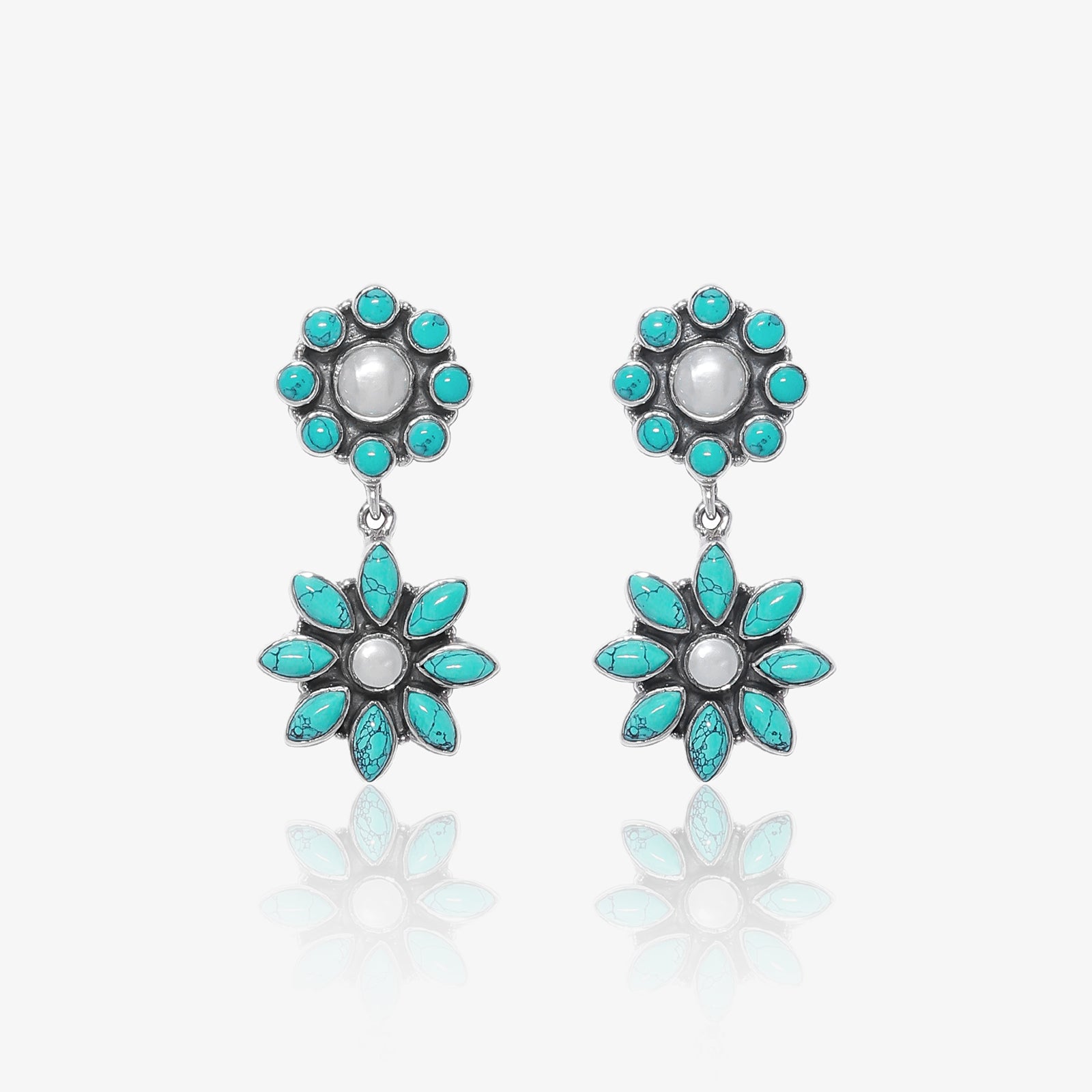 Floral Design Sky Blue Stone Long Silver Earrings - Tweov Jewels