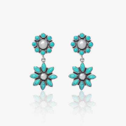 Floral Design Sky Blue Stone Long Silver Earrings - Tweov Jewels