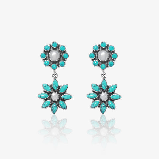 Floral Design Sky Blue Stone Long Silver Earrings
