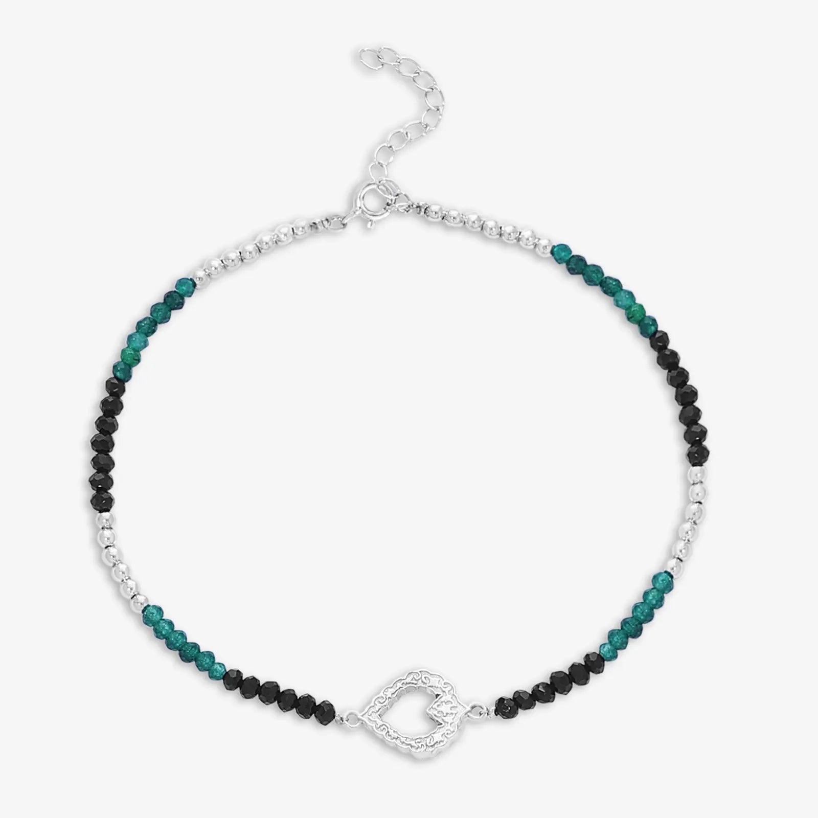 Black-Green Crystal Beaded Silver Heart Anklet - Tweov Jewels