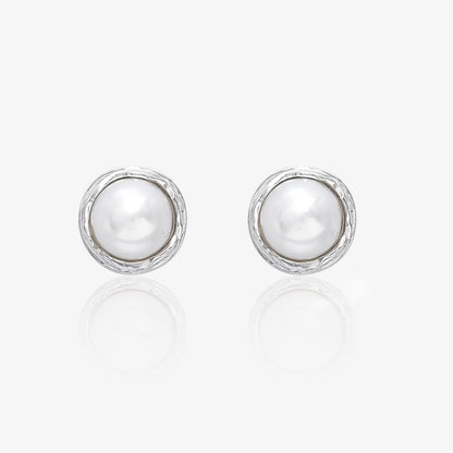 Silver Round White Pearl Stud Earrings
