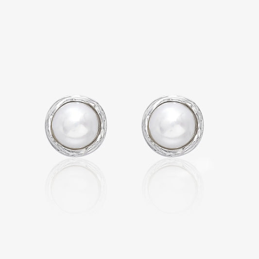 Silver Round White Pearl Stud Earrings