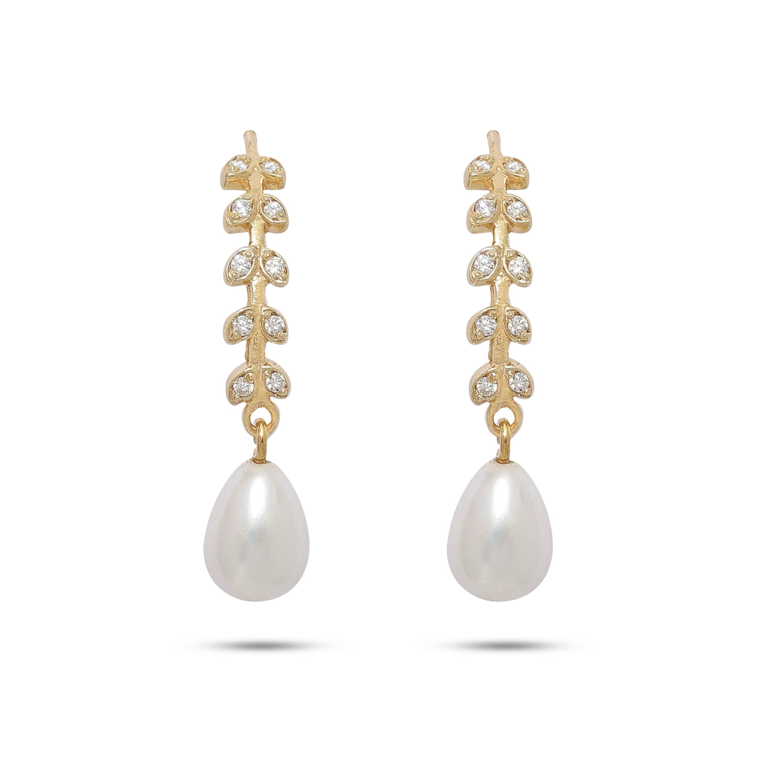 Pure Silver Earring - Gold Plated Leafy Design With Pearls - Tweov Jewels