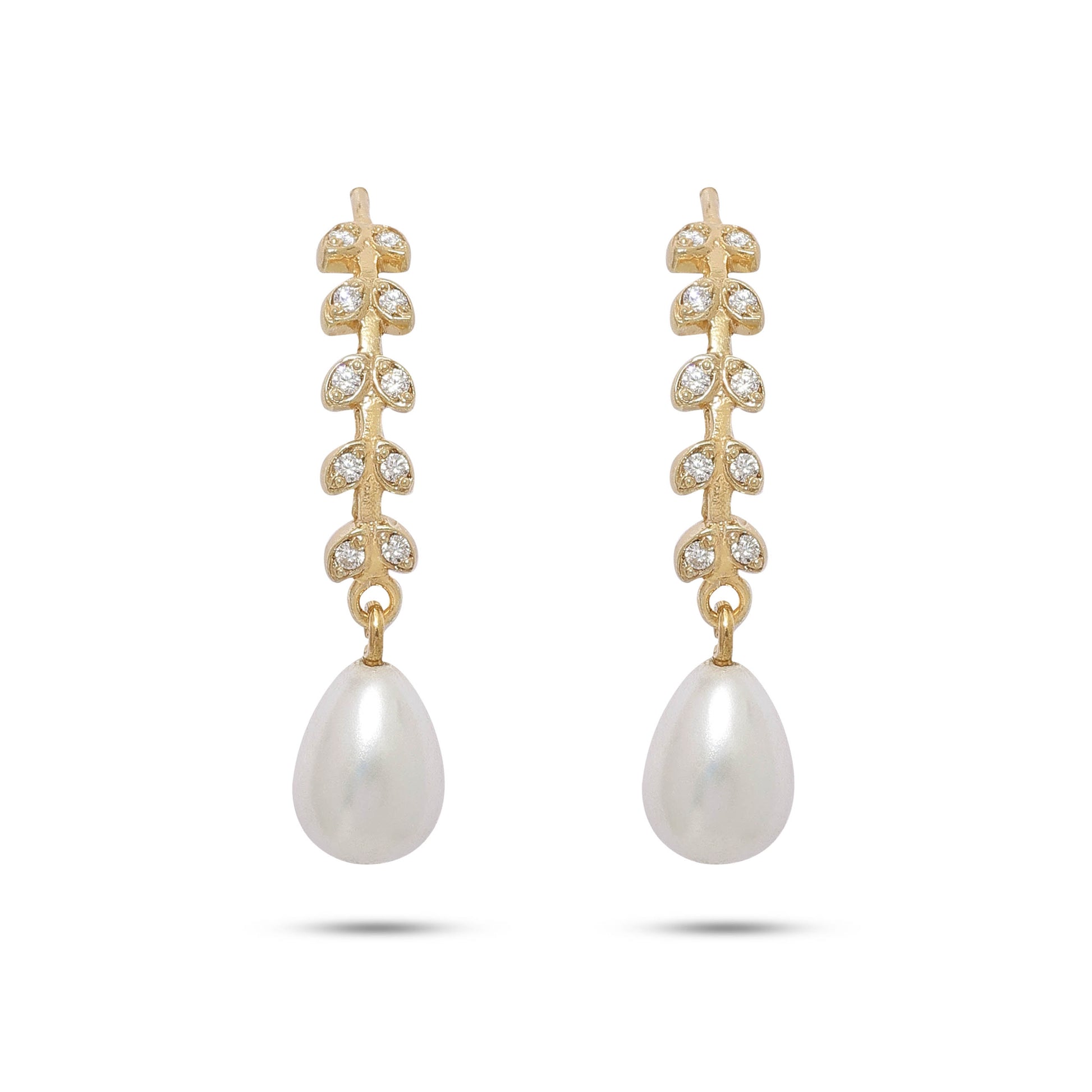 Pure Silver Earring - Gold Plated Leafy Design With Pearls - Tweov Jewels