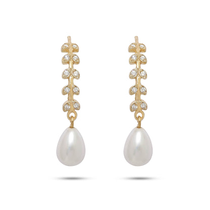 Pure Silver Earring - Gold Plated Leafy Design With Pearls - Tweov Jewels