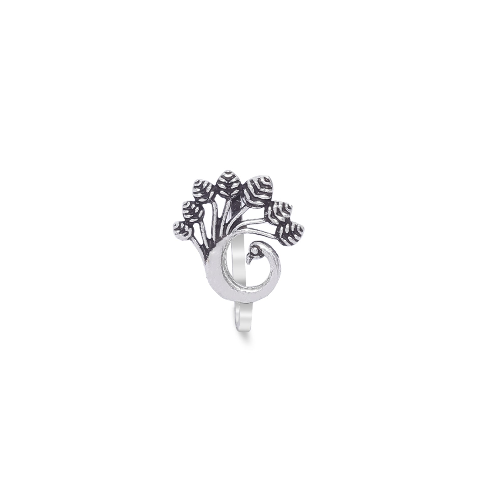 Pure Silver Nose Ring - Majestic Plumage of Oxidised Peacock - Tweov Jewels