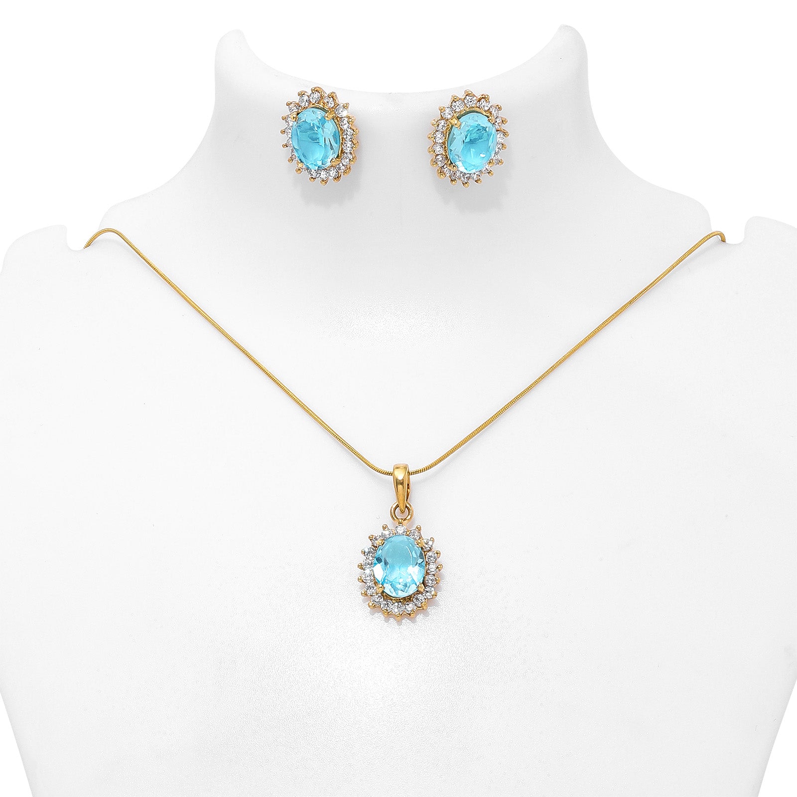 Gold Plated Silver Sky Blue Stone Studded Pendant & Earrings Set - Tweov Jewels