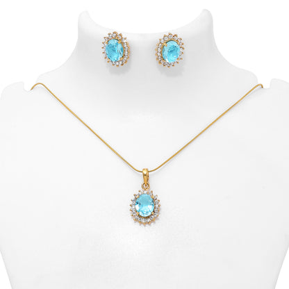 Gold Plated Silver Sky Blue Stone Studded Pendant & Earrings Set - Tweov Jewels