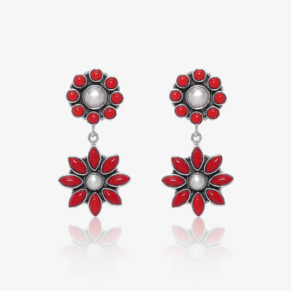 Floral Design Red Long Silver Pearl Earrings