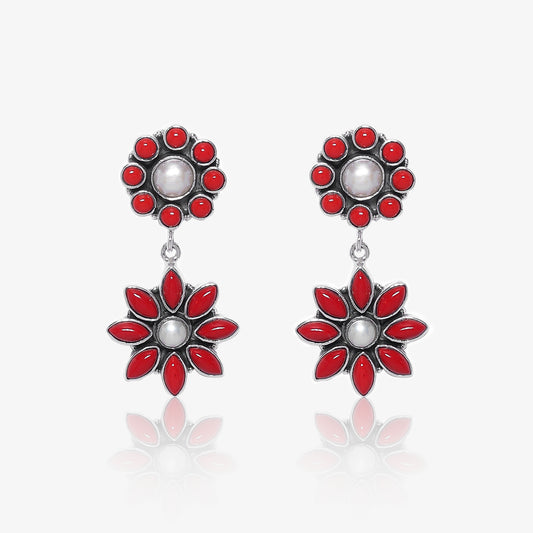 Floral Design Red Long Silver Pearl Earrings