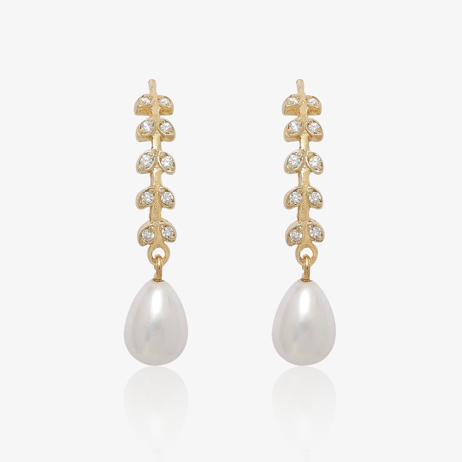 Gold Plated CZ Long Silver Pearl Earrings