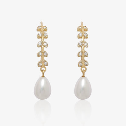 Gold Plated CZ Long Silver Pearl Earrings