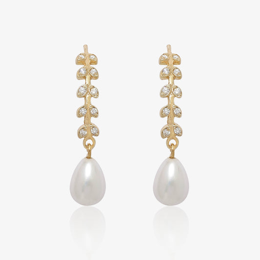 Gold Plated CZ Long Silver Pearl Earrings
