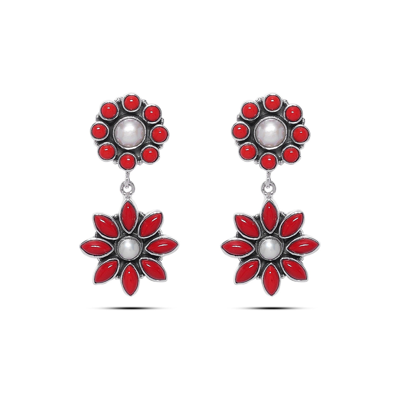 Pure Silver Earrings - Crimson Floral With Corals & Pearls - Tweov Jewels