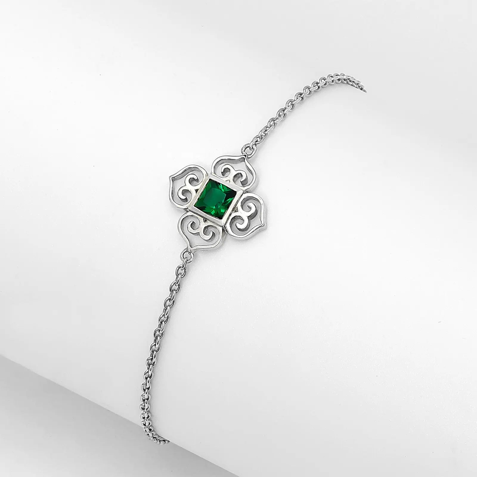 Emerald Square Filigree Bracelet For Women – 925 Sterling Silver Rhodium Plated