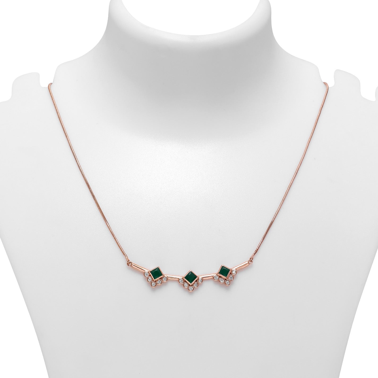 Pure Silver Necklace - Rosegold Plated Emerald Triad Radiance - Tweov Jewels