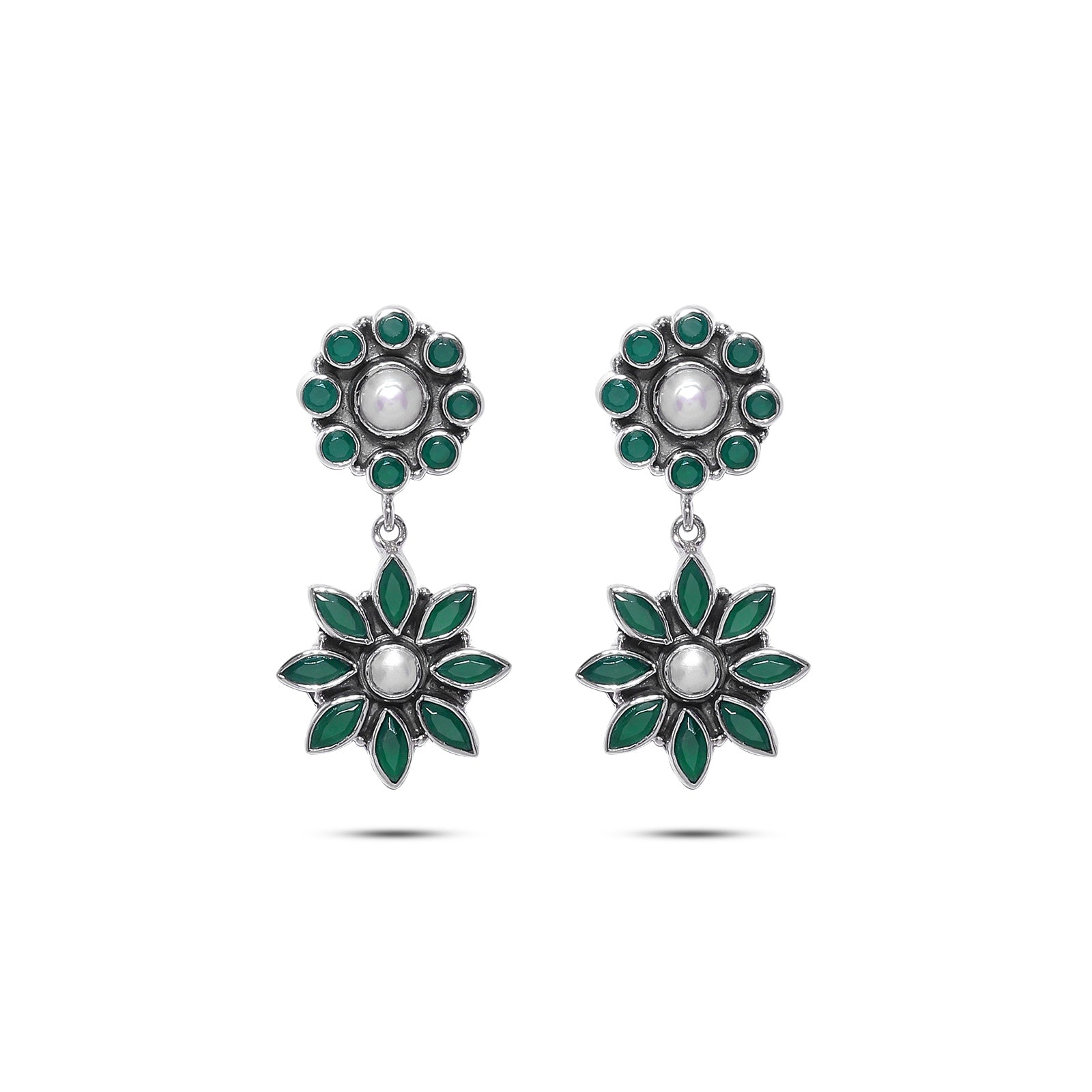 Pure Silver Earrings - Floral Dangle with Pearl and Emerald - Tweov Jewels