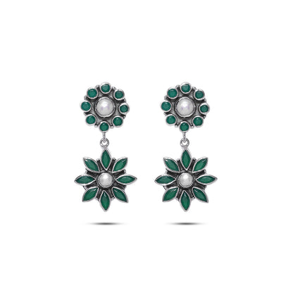 Pure Silver Earrings - Floral Dangle with Pearl and Emerald - Tweov Jewels