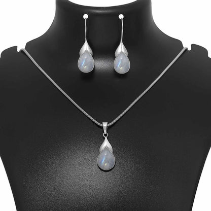 White Drop Leaf Silver Pendant & Earring Set