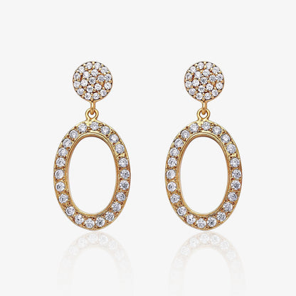 Gold Plated Silver CZ Studded Oval Shaped Long Drop Earrings