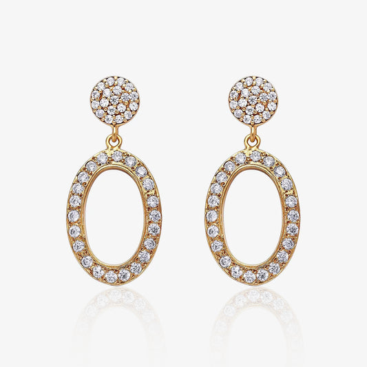Gold Plated Silver CZ Studded Oval Shaped Long Drop Earrings