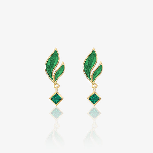 Gold Plated Green Leaf Silver Earrings